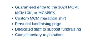 Guaranteed entry to the 2024 MCM, MCM10K, or MCM50K  Custom MCM marathon shirt  Personal fundraising page  Dedicated staff to support fundraising  Complimentary registration